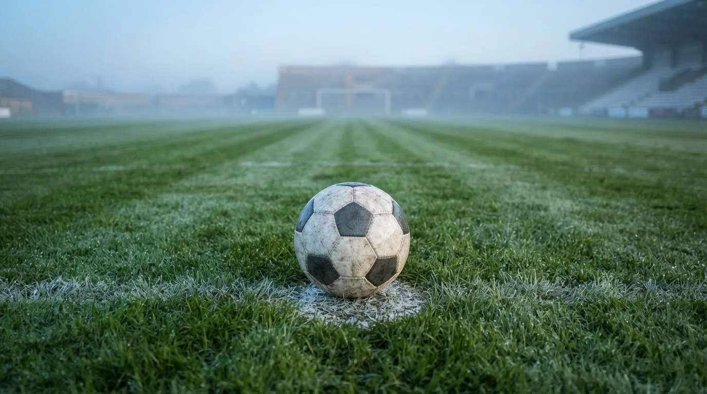 Ein Fußball ruht auf dem Mittelkreis eines leeren Rasenplatzes in der Morgendämmerung, Tau liegt auf dem Gras.