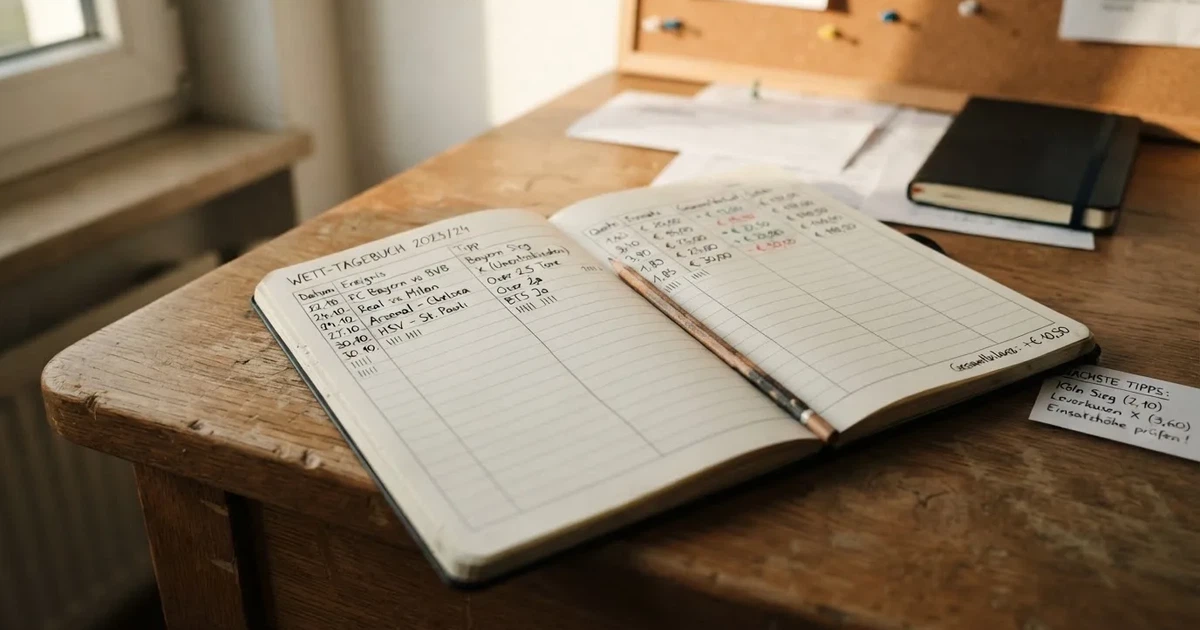 Ein Notizbuch mit handschriftlichen Spalten und Strichlisten liegt neben einem Taschenrechner und einem Bleistift auf einem Schreibtisch.