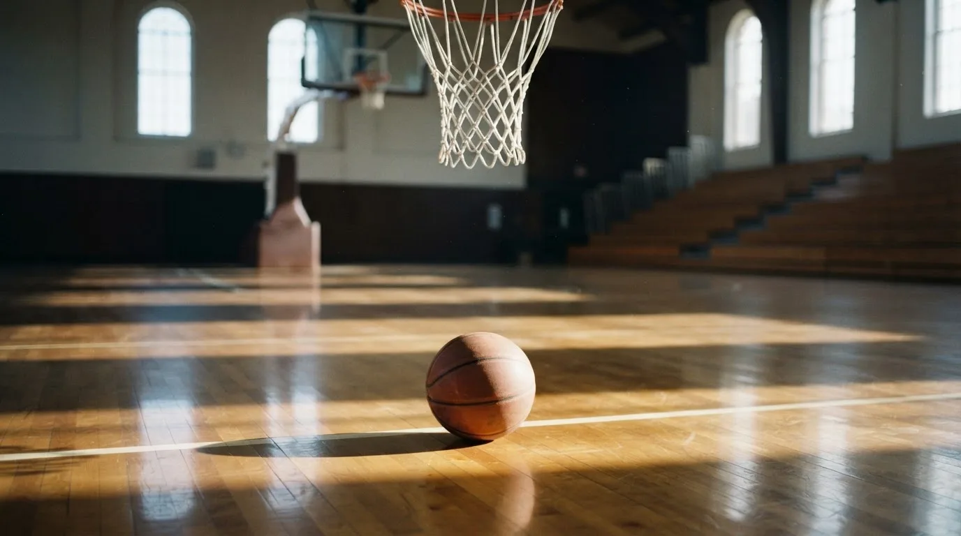 Ein Basketball liegt auf dem Hallenboden unter einem Korb, das Netz hängt ruhig, Morgenlicht fällt durch hohe Fenster.