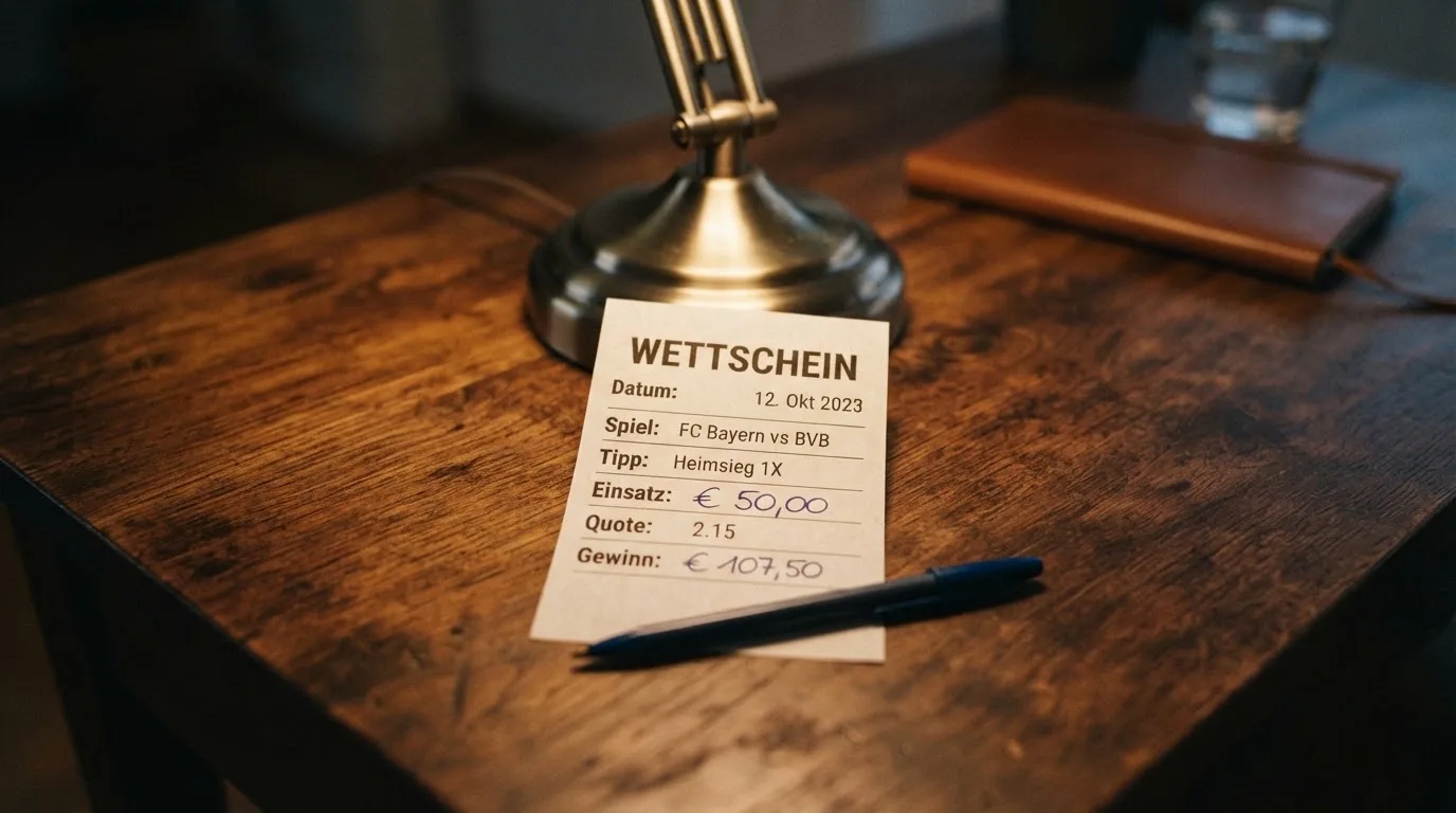 Ein leerer Wettschein aus Papier und ein Kugelschreiber liegen auf einer Tischplatte neben einer kleinen Tischlampe.
