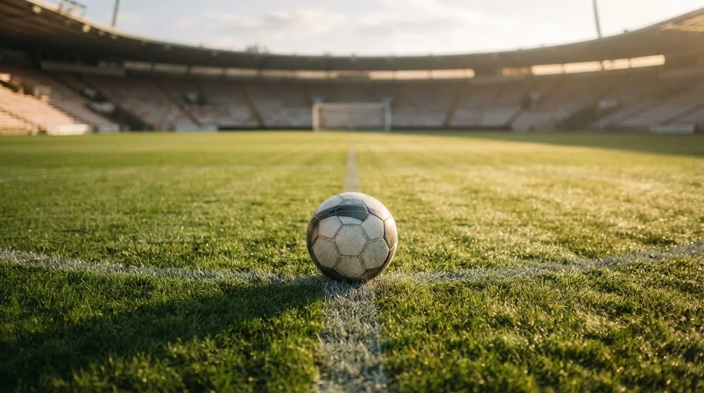 Ein Fußball liegt auf dem Anstoßkreis eines leeren Rasenplatzes im Licht der Morgensonne.