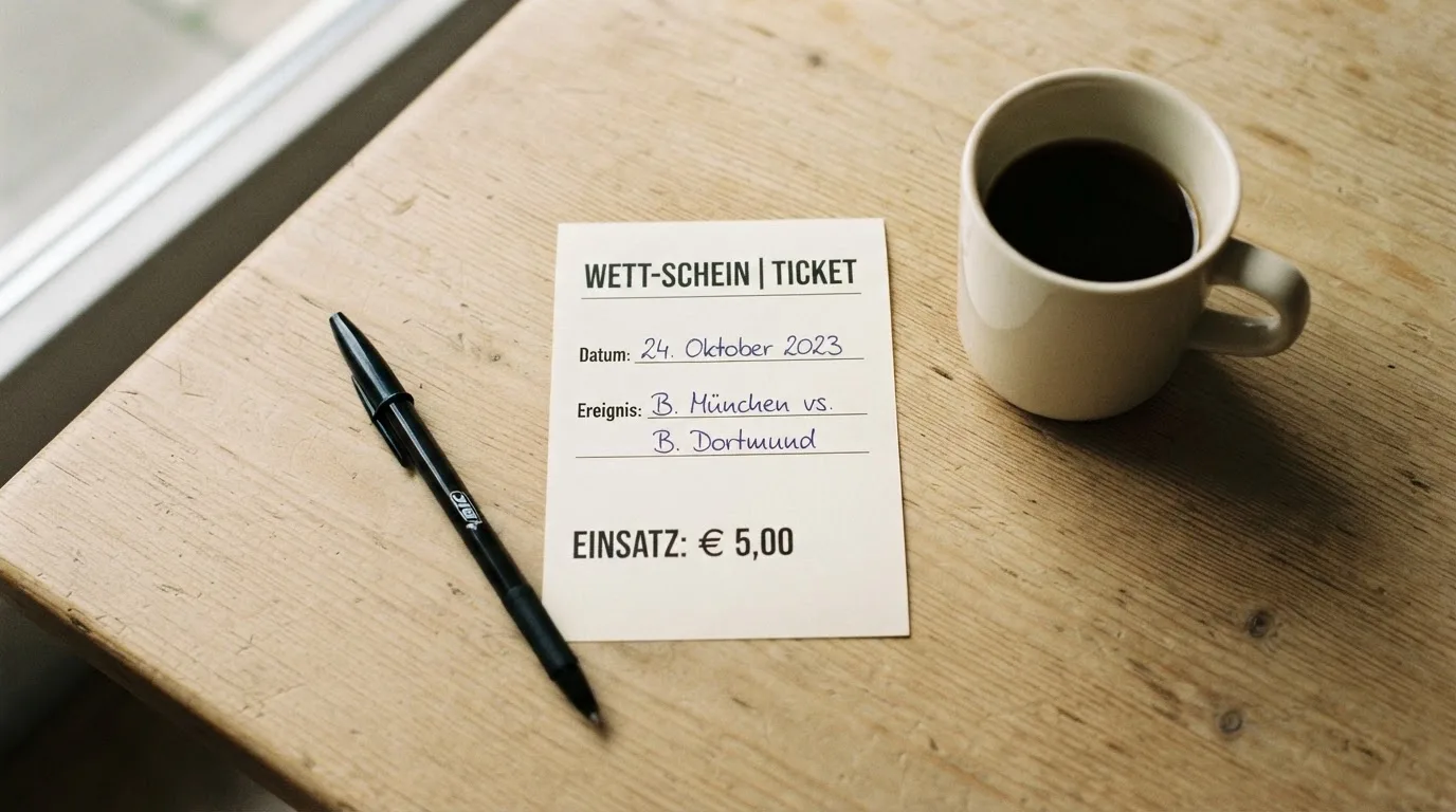 Ein leerer Wettschein aus Papier liegt neben einem Kugelschreiber und einer Tasse auf einem hellen Holztisch.
