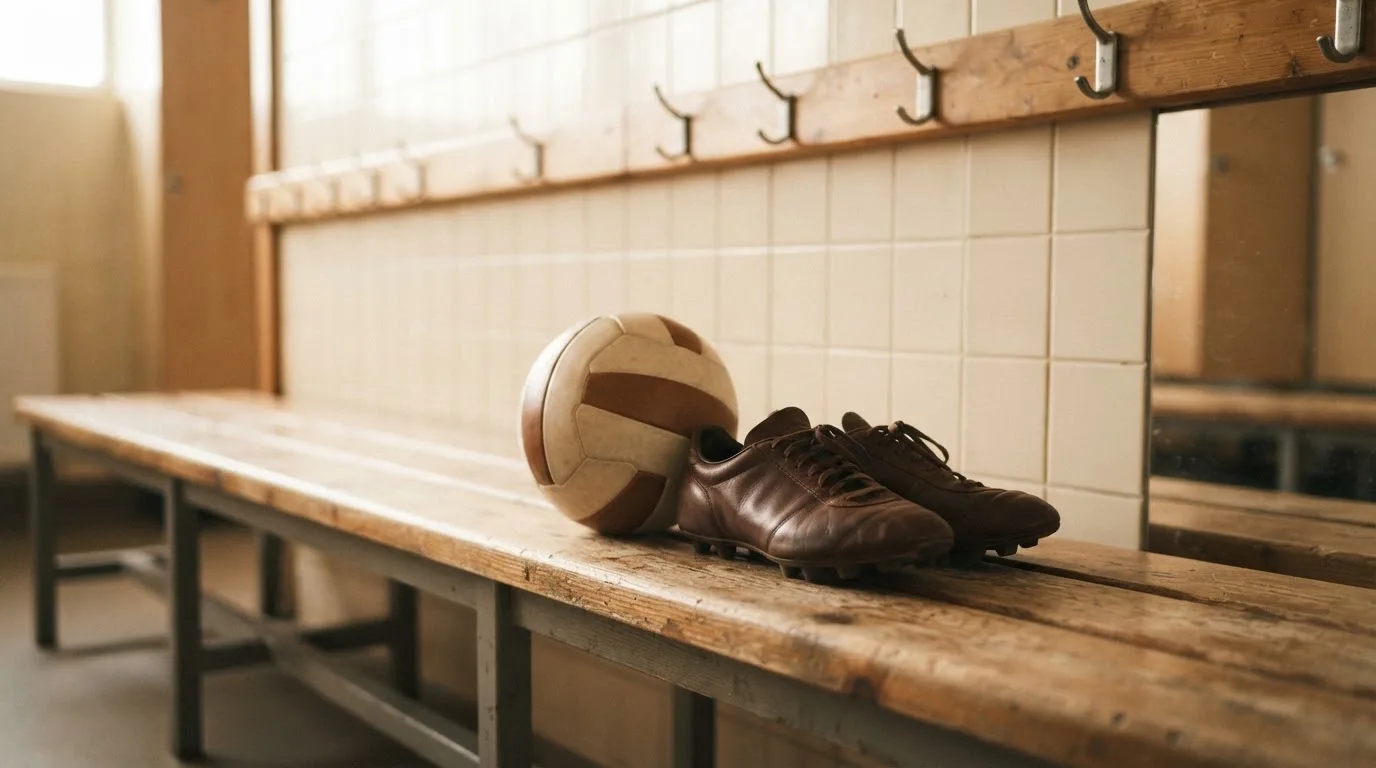 Ein Fußball liegt neben einem Paar Fußballschuhen ohne Markenzeichen auf einer Holzbank in einer leeren Umkleide.