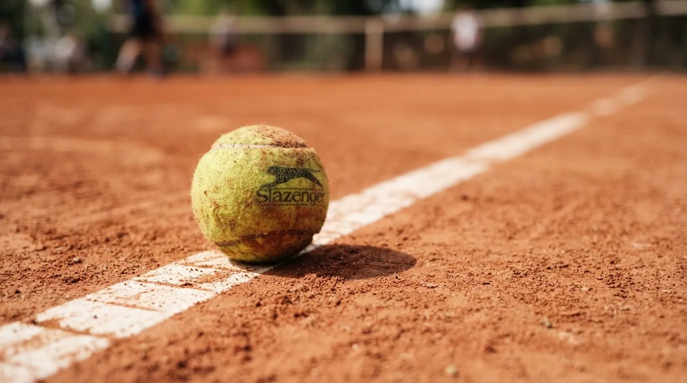 Ein einzelner Tennisball liegt auf rotem Sand neben einer weißen Linie, geringe Schärfentiefe.