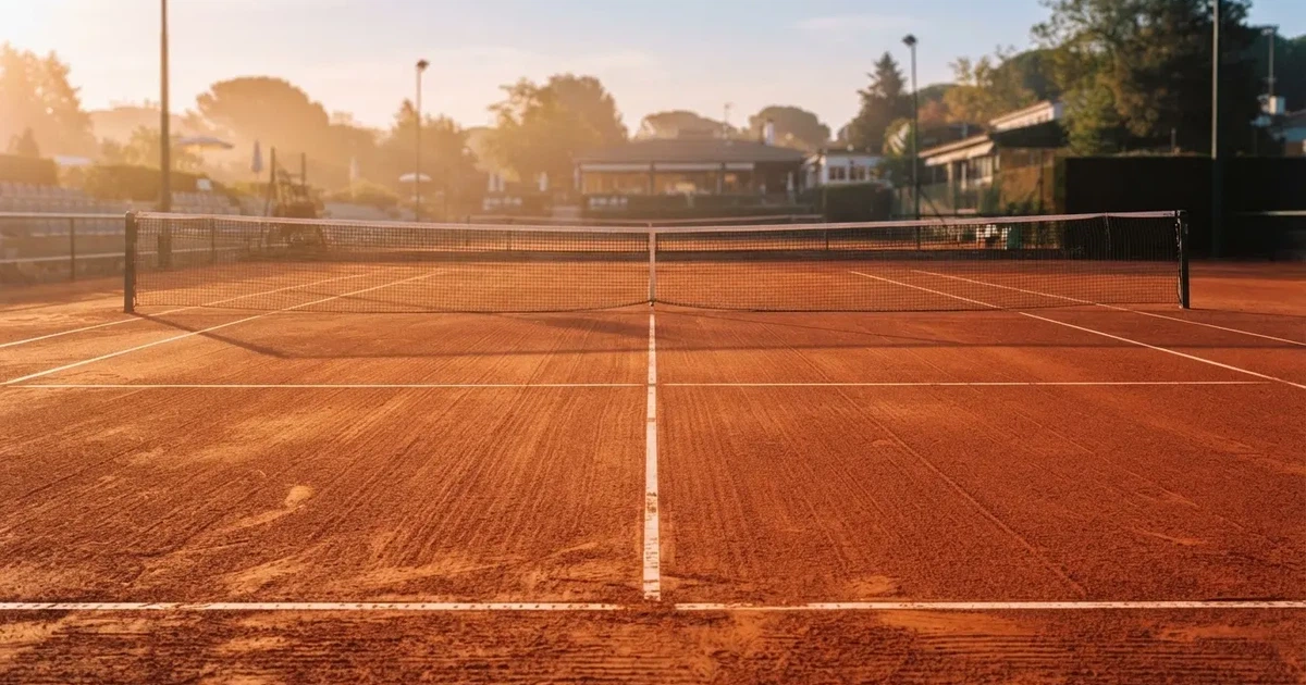 Ein Sandplatz im frühen Morgenlicht, frisch gewalzt, mit weißen Linien und einem Netz im Hintergrund, keine Menschen.