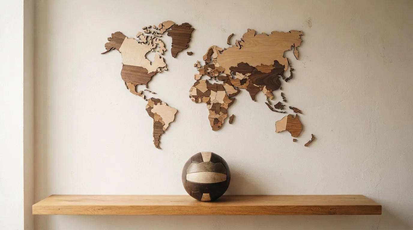 Eine Weltkarte aus Holz hängt an einer Wand, davor liegt ein Fußball auf einem Regal, ohne erkennbare Beschriftung.