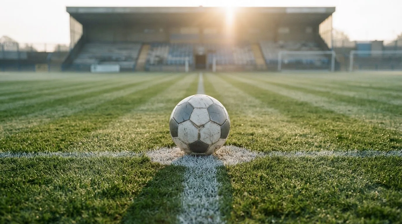 Ein Fußball liegt auf dem Anstoßpunkt eines leeren Rasenplatzes im frühen Morgenlicht, dahinter eine leere Tribüne.