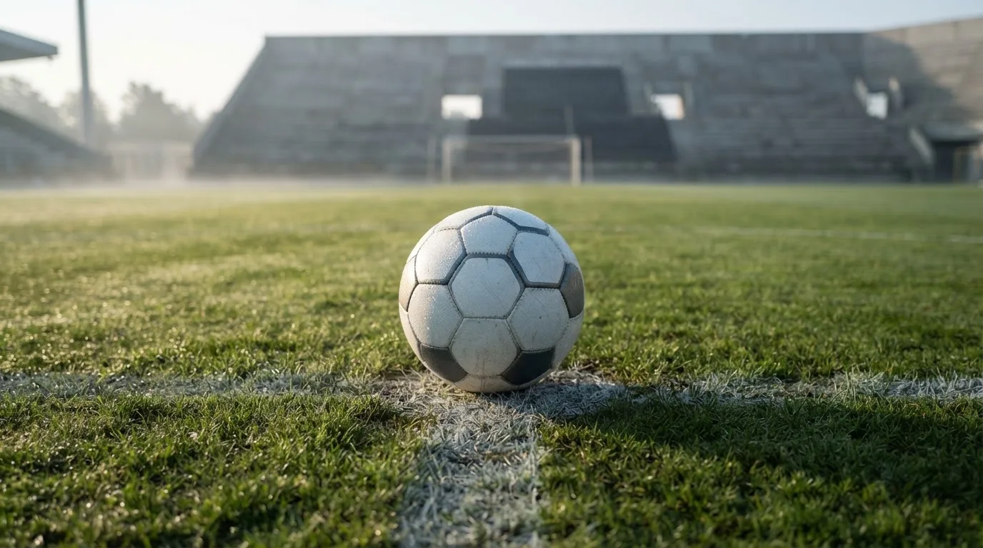 Ein Fußball liegt auf dem Anstoßpunkt eines leeren Rasenplatzes im frühen Morgenlicht, dahinter eine leere Tribüne.