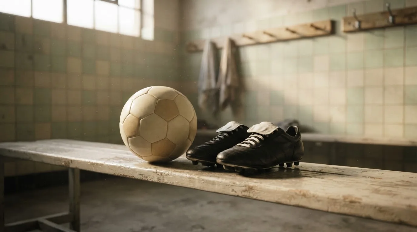 Ein Fußball liegt auf einer Holzbank in einer leeren Umkleide neben einem Paar Fußballschuhen ohne Markenzeichen.