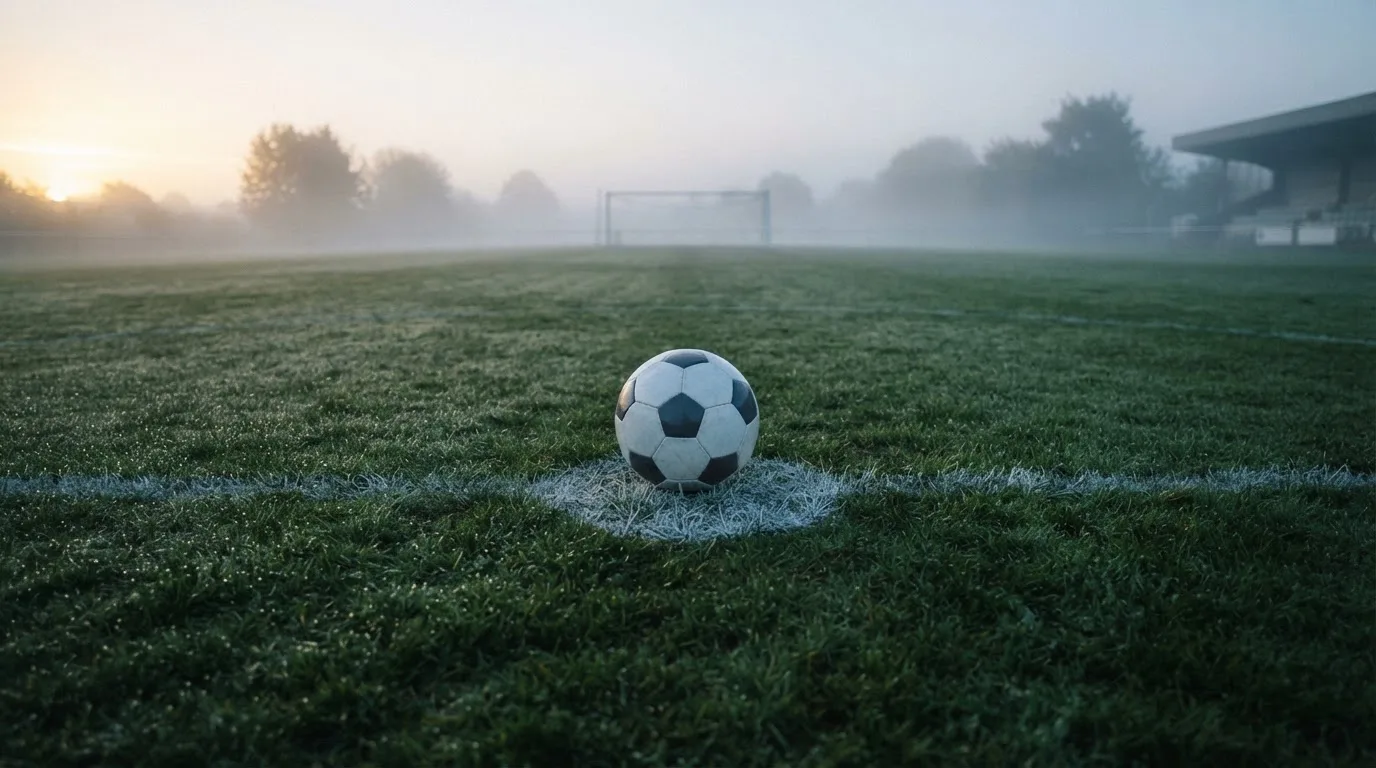Ein Fußball ruht auf dem Mittelkreis eines leeren Rasenplatzes in der Morgendämmerung, Tau liegt auf dem Gras.