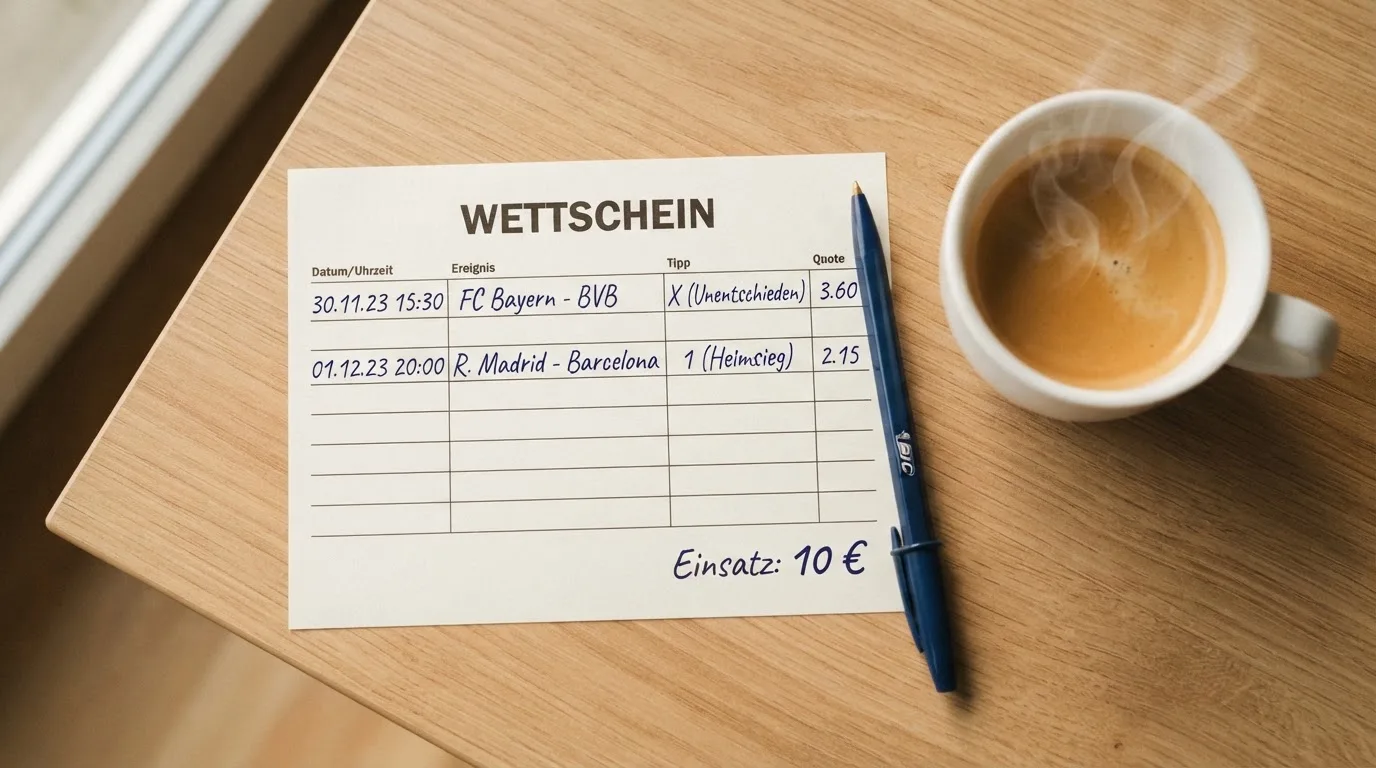 Ein leerer Wettschein aus Papier liegt neben einem Kugelschreiber und einer Tasse Kaffee auf einem Tisch, Aufnahme von oben.