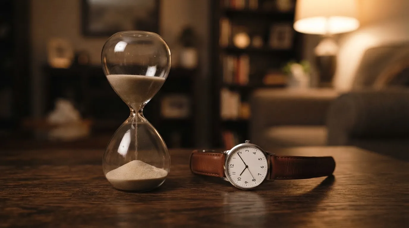 Eine Sanduhr steht neben einer schlichten Armbanduhr auf einem Tisch, im Hintergrund unscharf ein ruhiger Raum am Abend.