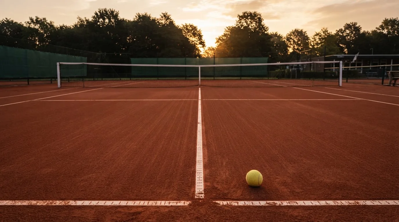 Ein Tennisplatz aus Sand bei Sonnenaufgang, frisch gewalzt, leere weiße Linien und ein einzelner Ball neben der Grundlinie.