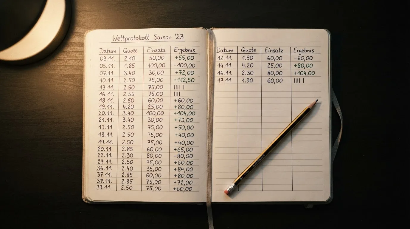 Ein Notizbuch mit handschriftlichen Spalten und Strichlisten liegt neben einem Taschenrechner und einem Bleistift auf einem Schreibtisch.