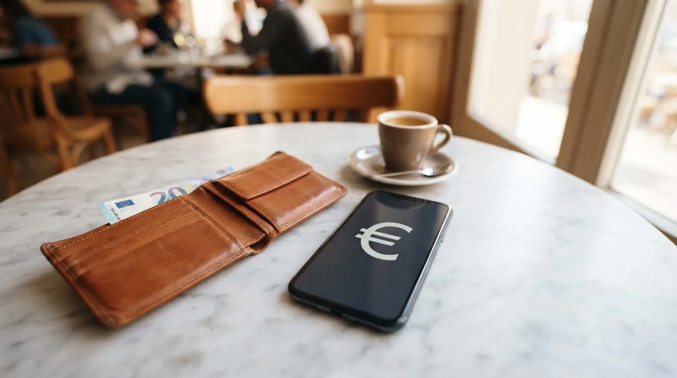 Eine aufgeklappte Lederbörse liegt auf einem Café-Tisch neben einigen Münzen und einer Espressotasse.