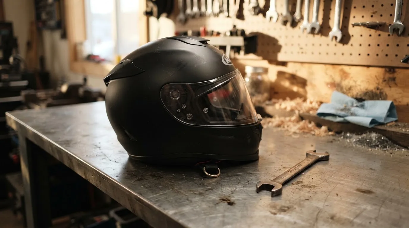 Ein schwarzer Motorradhelm ohne Aufdruck liegt auf einer Werkbank neben einem Schraubenschlüssel, warmes Licht einer Werkstatt.