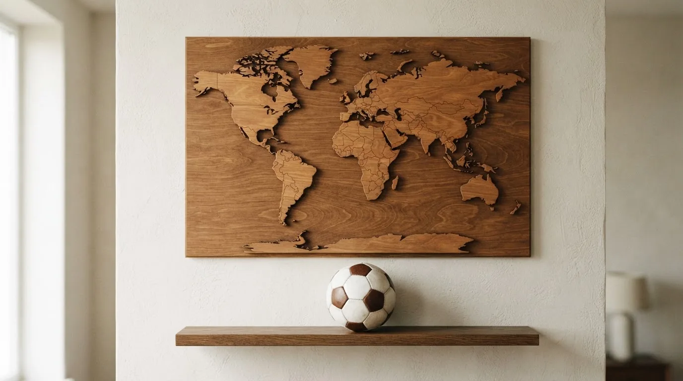 Eine Weltkarte aus Holz hängt an einer Wand, davor liegt ein Fußball auf einem Regal, ohne erkennbare Beschriftung.