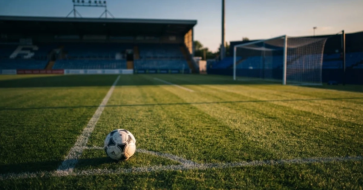 Ein Fußballplatz mit frisch gemähtem Rasen im Abendlicht, ein Ball liegt im Strafraum, im Hintergrund unscharf eine leere Tribüne.