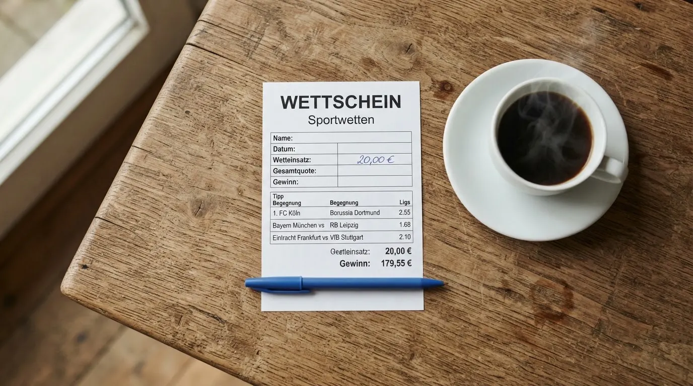 Ein leerer Wettschein aus Papier liegt neben einem Kugelschreiber und einer Tasse Kaffee auf einem Holztisch, Aufnahme von oben.