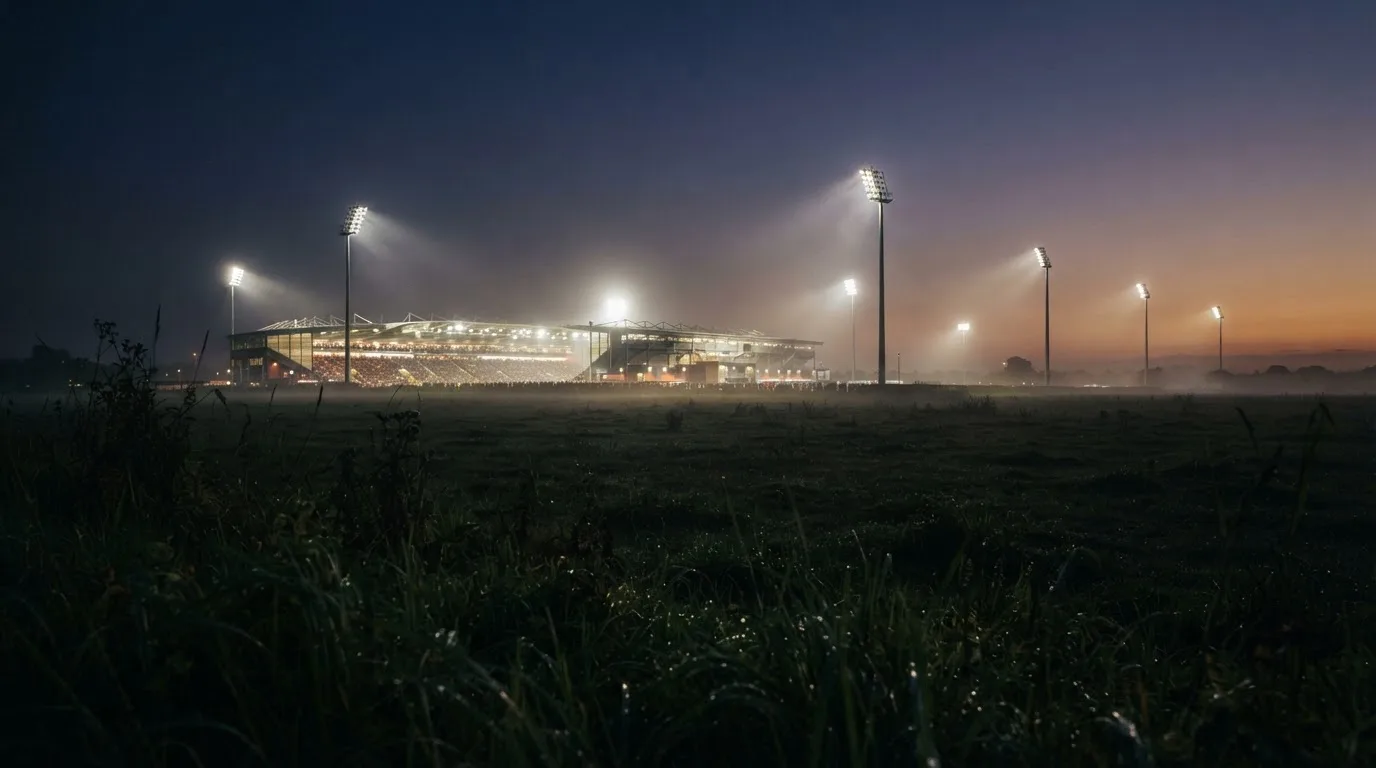 Ein großes Stadion unter Flutlicht, aus der Ferne über eine dunkle Wiese gesehen, die Lichtmasten spiegeln sich im Dunst der Abenddämmerung.