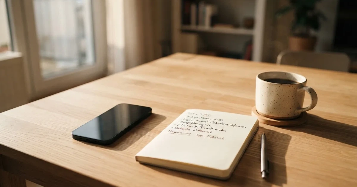Ein Smartphone mit dunklem Display liegt neben einem Notizbuch mit handschriftlichen Notizen auf einem hellen Holztisch, daneben eine Tasse Kaffee im Morgenlicht.