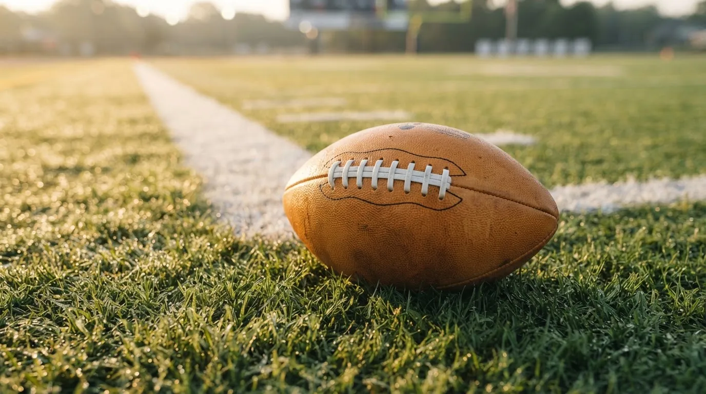 Ein ovaler Lederball mit heller Schnürung liegt auf dem Rasen vor der Endzone, Tau auf dem Gras im ersten Morgenlicht.