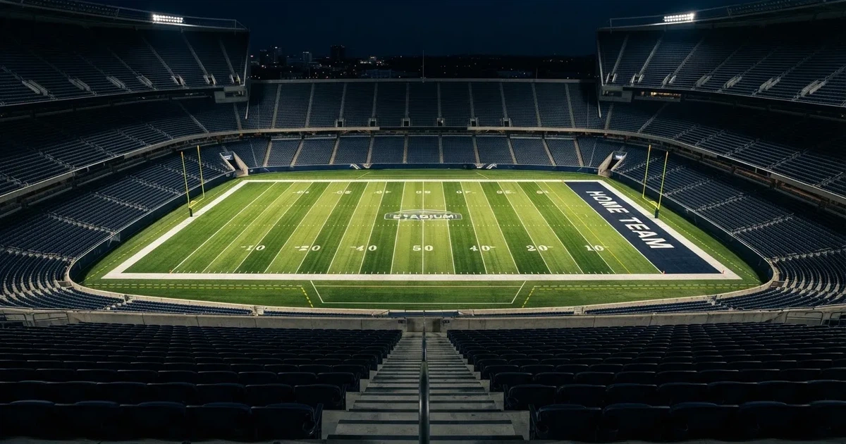 Ein American-Football-Feld mit weißen Yardlinien im Flutlicht, von einer hohen Tribüne aus gesehen, die Ränge leer, Zahlen nicht erkennbar.