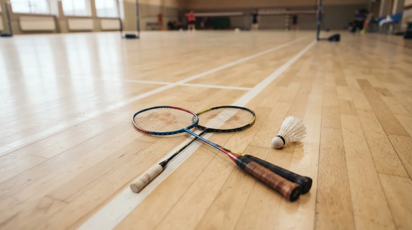 Zwei Badmintonschläger und ein Federball liegen auf einem Holzboden neben der Seitenlinie, weiches Licht fällt von der Seite ein.