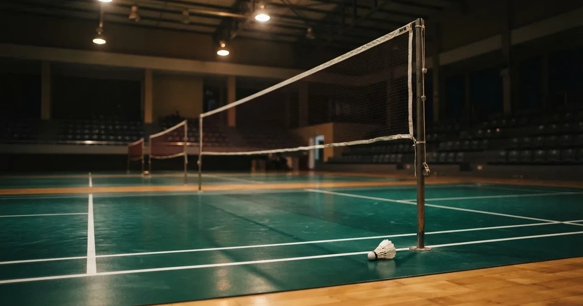Eine leere Badmintonhalle mit gespanntem Netz und hellen Hallenlichtern, ein Federball liegt auf dem Hallenboden.