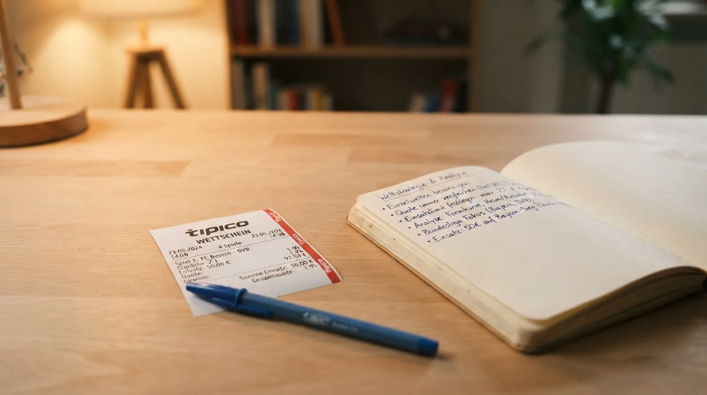 Ein leerer Papierwettschein und ein Kugelschreiber auf einer glatten Schreibtischplatte, daneben ein aufgeschlagenes Notizbuch mit handschriftlichen Notizen.