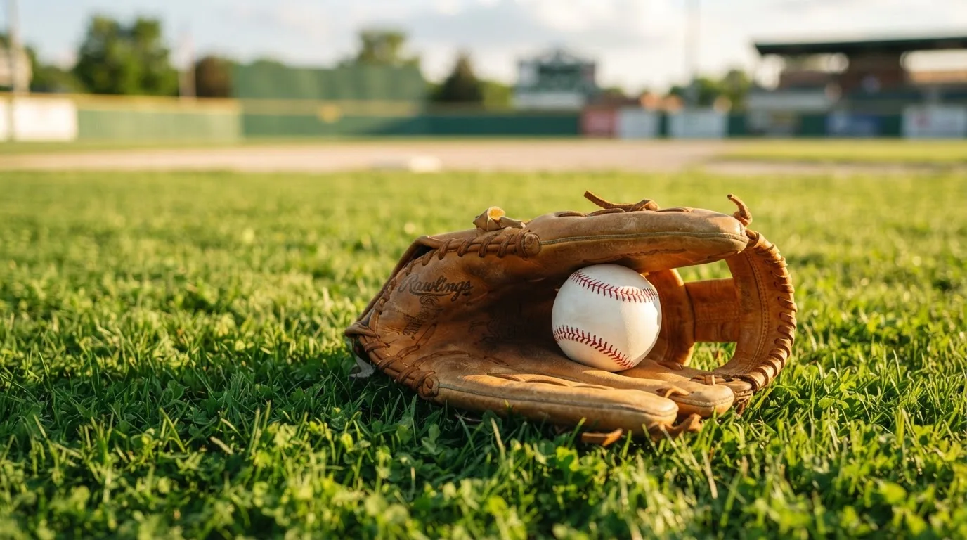 Ein weißer Baseball und ein Lederhandschuh liegen auf kurz geschnittenem Gras, im Hintergrund eine verschwommene Spielfeldbande.