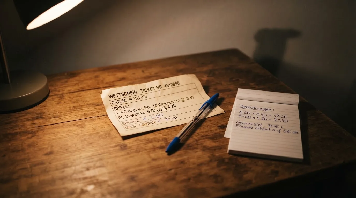 Ein leerer Papierwettschein, ein Kugelschreiber und ein Taschenrechner liegen auf einem Holztisch, warmes Licht einer Schreibtischlampe.