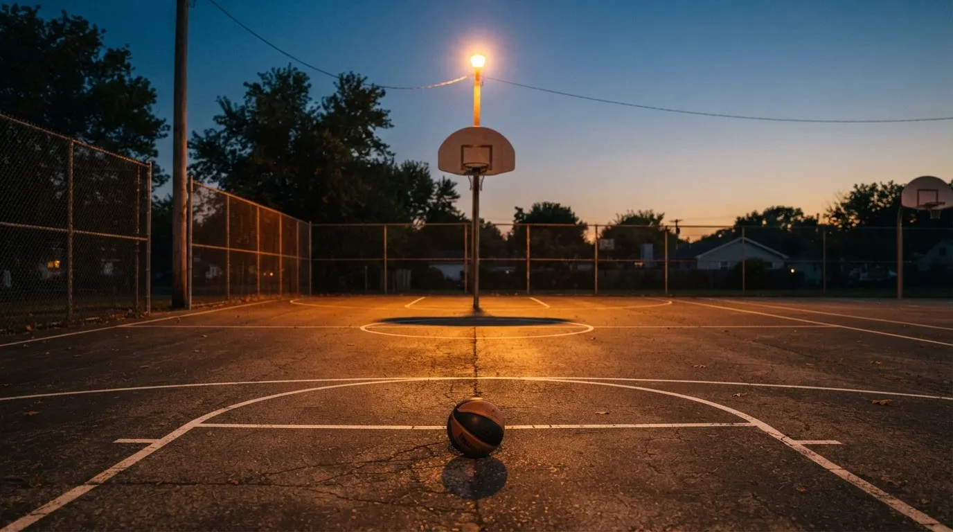Ein Freiluft-Basketballplatz am Abend mit Asphalt, Linien und zwei Körben unter einer Straßenlaterne.