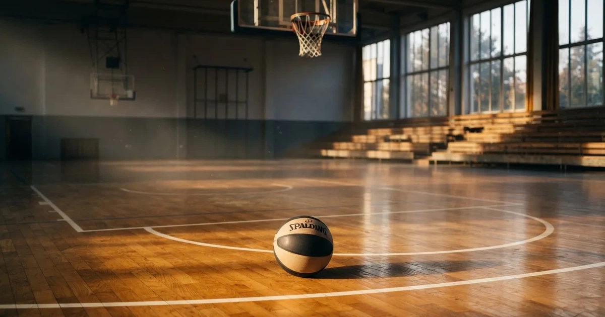 Ein Basketball liegt unter dem Korb auf dem Parkett einer leeren Sporthalle, Licht fällt durch hohe Fenster.