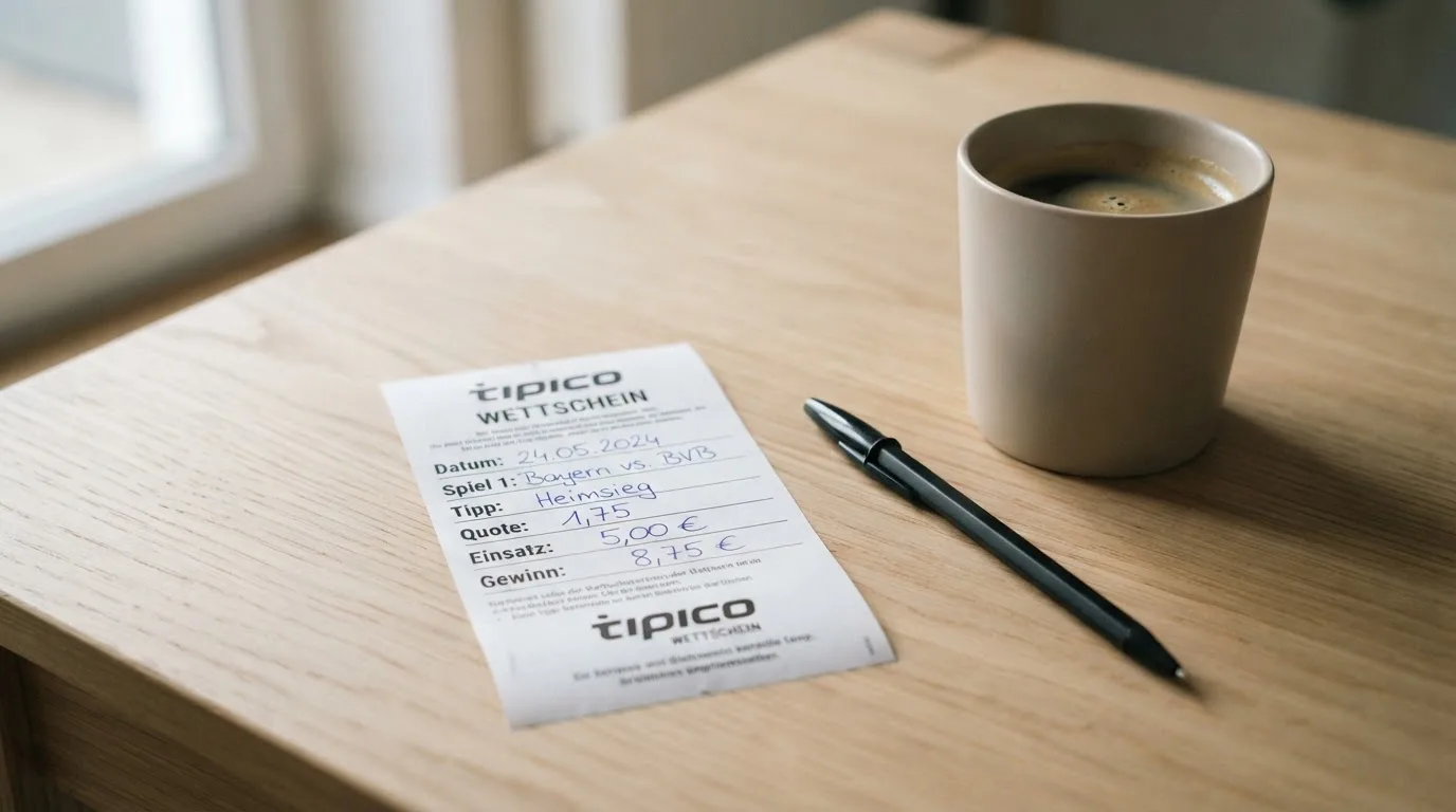 Ein leerer Wettschein aus Papier liegt neben einem Kugelschreiber und einer Tasse auf einem hellen Holztisch.
