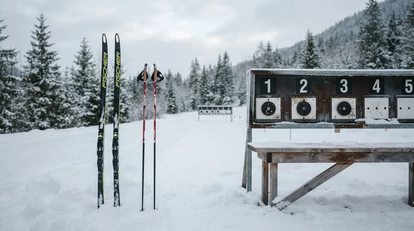 Ein Paar Langlaufskier steckt aufrecht im Schnee neben einem leeren Schießstand mit runden Zielscheiben, kaltes Winterlicht.