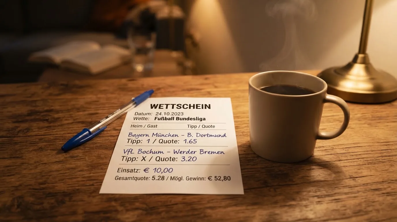 Ein leerer Papierwettschein und ein Kugelschreiber liegen auf einem Holztisch neben einer Tasse, warmes Licht einer Lampe.