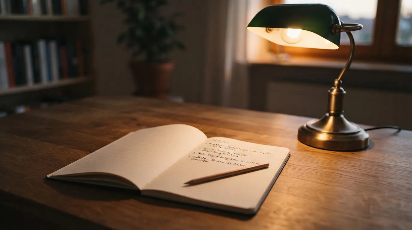 Ein Notizbuch mit handschriftlichen Notizen und ein Bleistift liegen neben einer Tischlampe auf einem Schreibtisch, ruhiges Abendlicht.