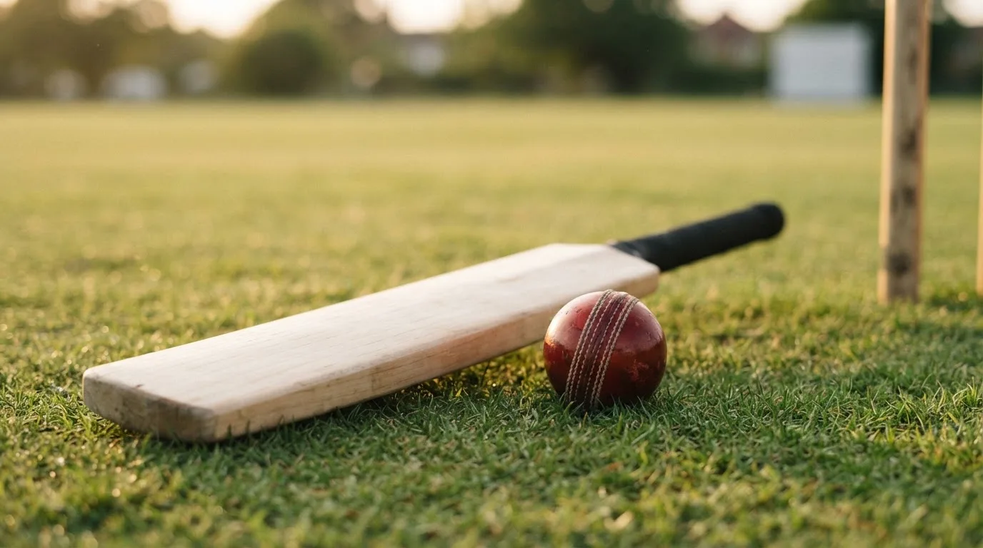 Ein Cricketschläger aus hellem Holz und ein roter Lederball liegen auf kurzem Rasen, weiches Abendlicht.