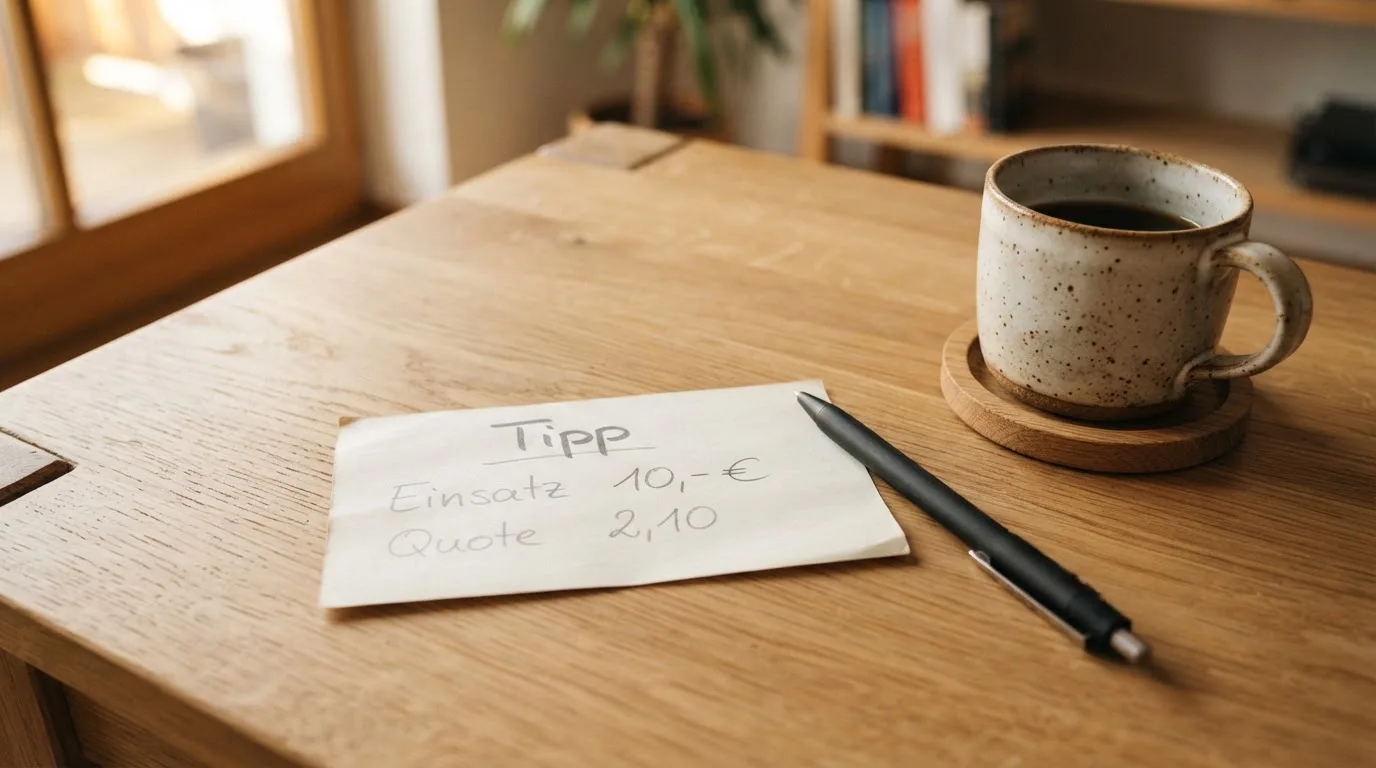 Ein leerer Wettschein aus Papier liegt neben einem Kugelschreiber und einer Tasse auf einem hellen Holztisch.