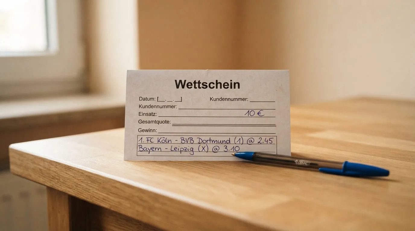 Ein leerer Papierwettschein und ein Kugelschreiber liegen auf einem aufgeräumten Schreibtisch, weiches Licht von einem Fenster.