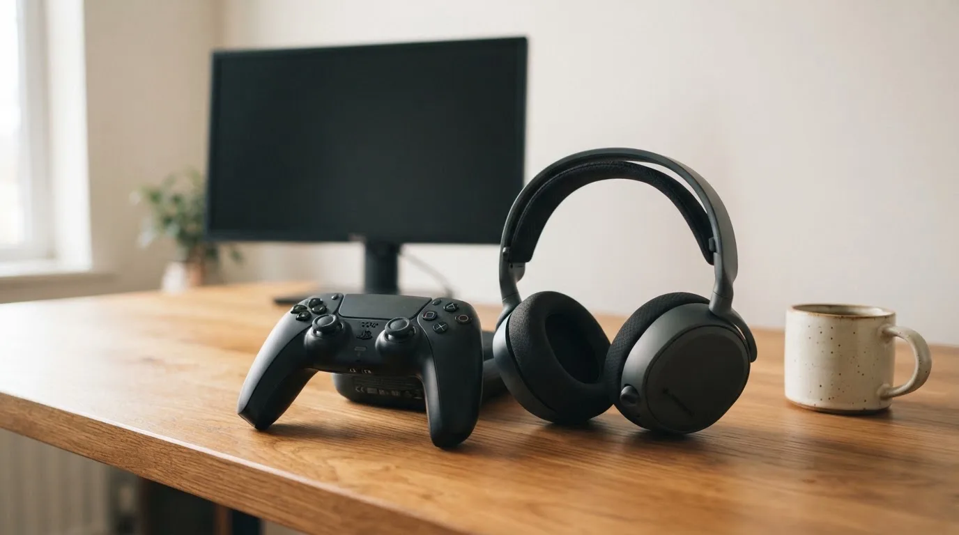 Ein Gamepad und ein Headset liegen auf einem Schreibtisch neben einer Tasse, der Bildschirm im Hintergrund ist ausgeschaltet.