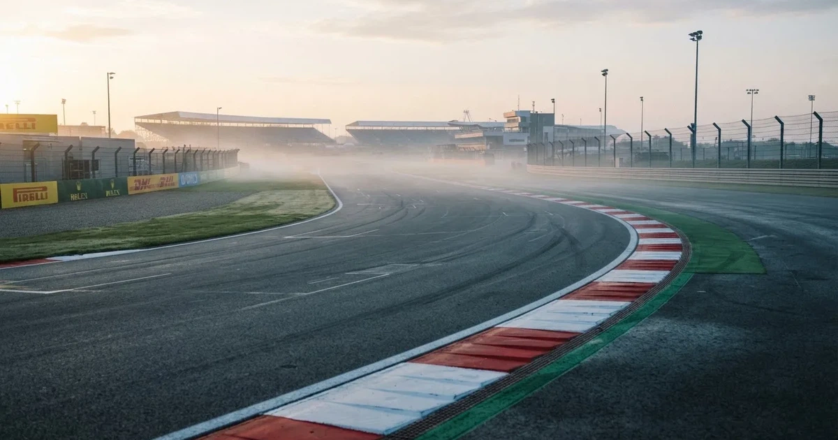 Eine leere Rennstrecke im Morgennebel, Asphalt mit rot-weißen Randsteinen, im Hintergrund Tribünen in der Ferne.