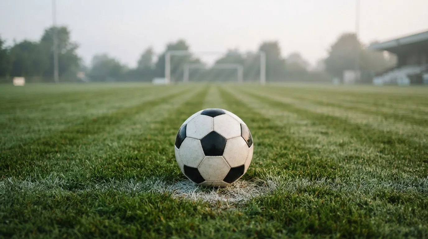 Ein Fußball liegt auf dem Elfmeterpunkt eines leeren Rasenplatzes, im Hintergrund unscharf ein Tor im Morgendunst.