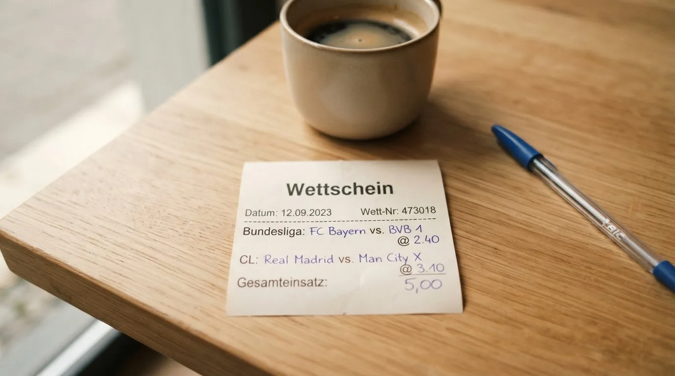 Ein leerer Wettschein aus Papier liegt neben einem Kugelschreiber und einer Tasse auf einem hellen Holztisch.