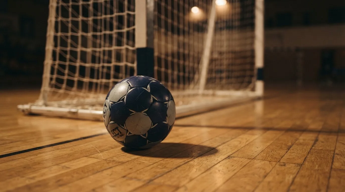 Ein kleiner schwerer Ball liegt in einer Halle auf dem Parkett vor einem Tor, warmes Licht aus den Deckenstrahlern.