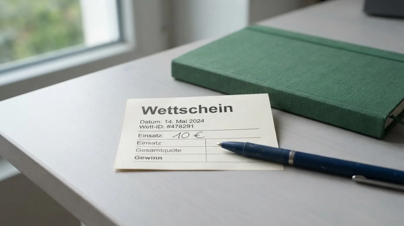 Ein leerer Papierwettschein und ein Kugelschreiber liegen auf einer glatten Schreibtischplatte neben einem Notizbuch.