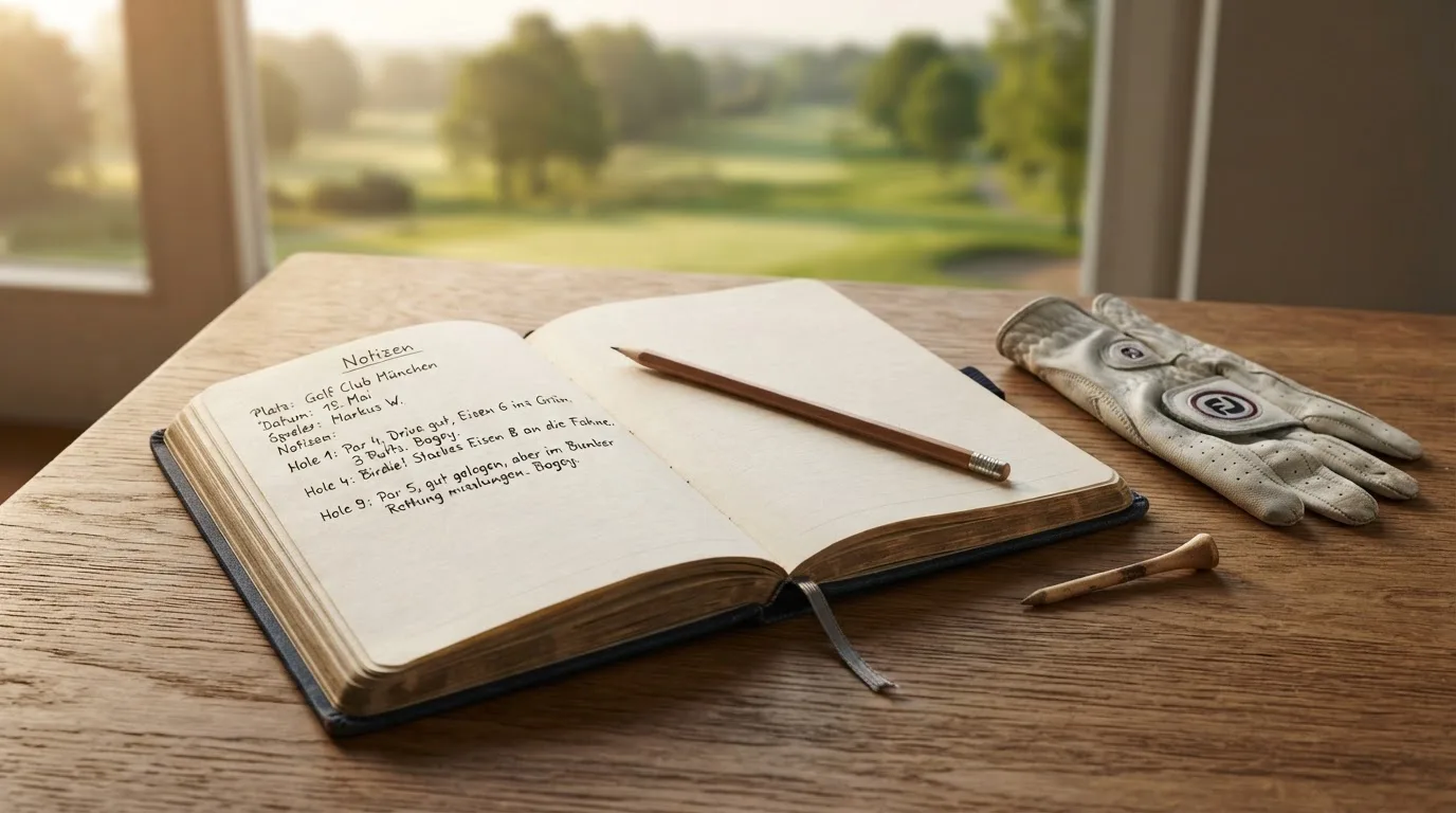 Ein Notizbuch mit handschriftlichen Notizen und ein Bleistift liegen neben einem Golfhandschuh und einem Tee auf einem Holztisch.