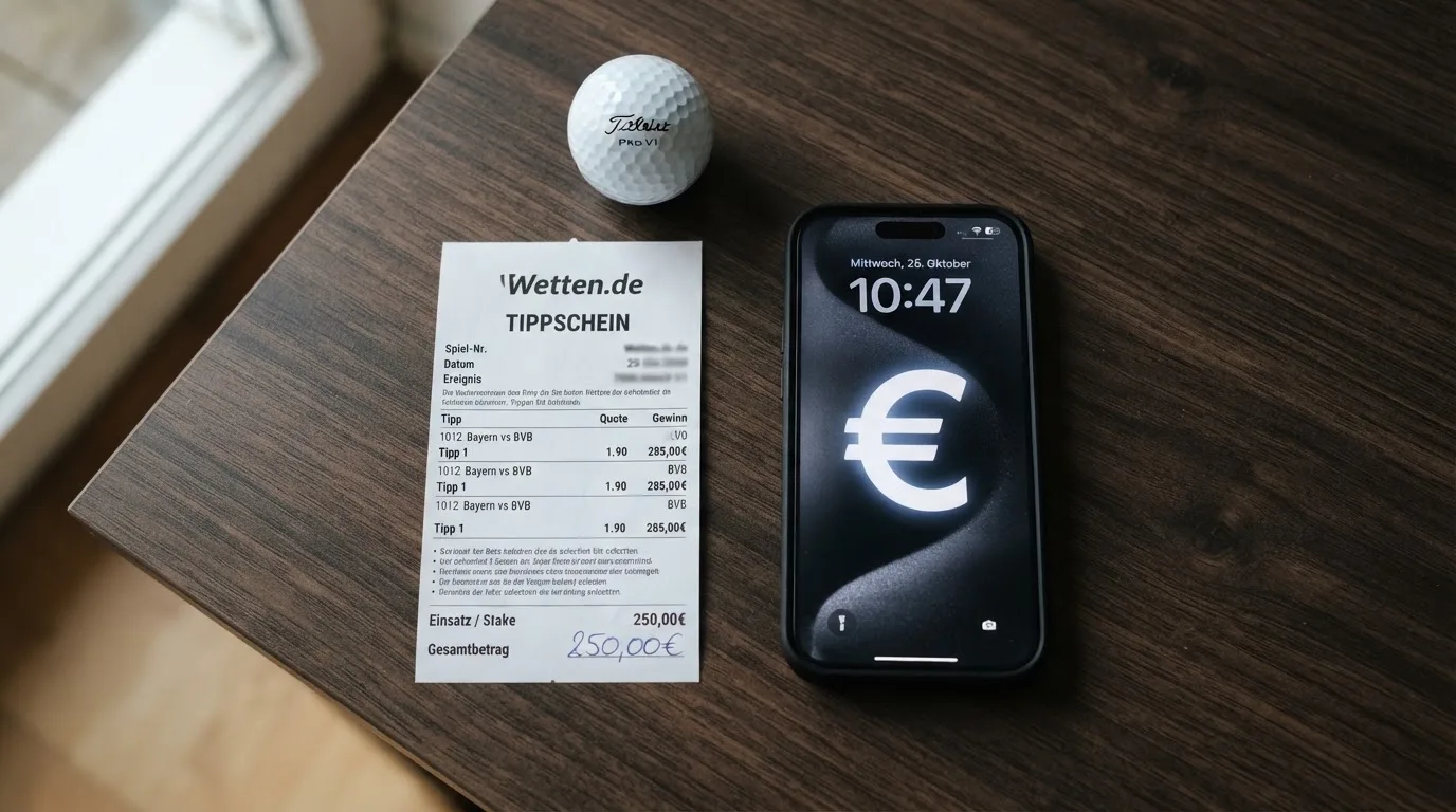 Ein leerer Wettschein aus Papier liegt neben einem Smartphone mit dunklem Display auf einem Tisch, daneben ein einzelner Golfball.