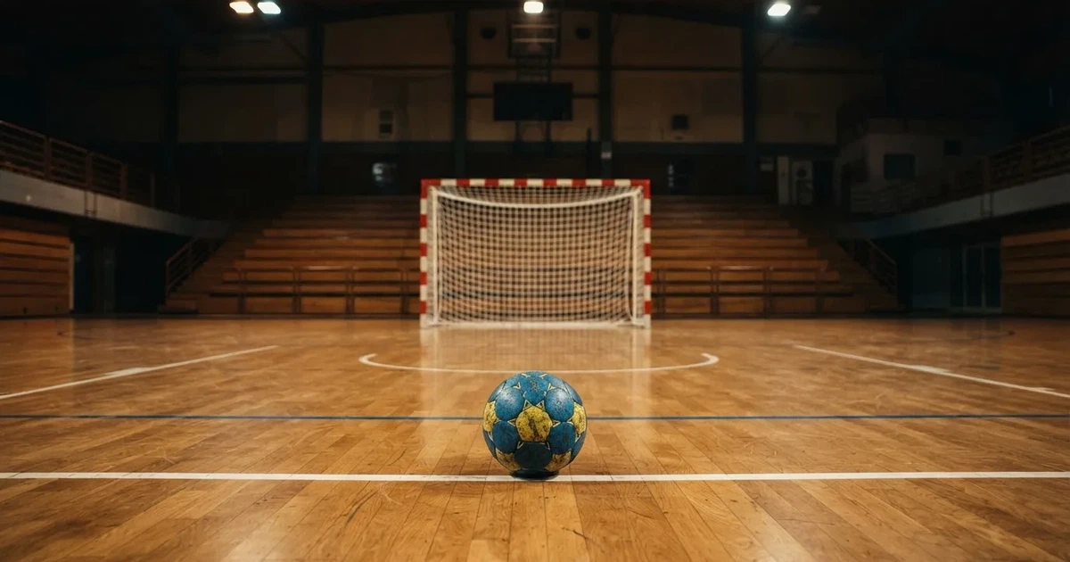 Ein Handball liegt auf dem Hallenboden vor einem Tor mit Netz, die leere Halle wird von Flutlicht beleuchtet.